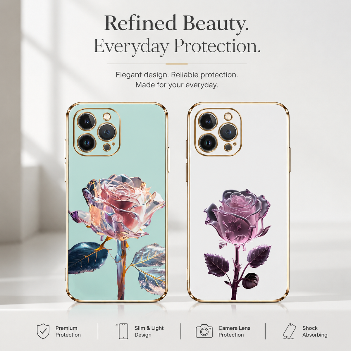 Mint and white gold-edged cases stand on a pale platform, decorated respectively with a reflective pale pink rose and a dark purple rose.