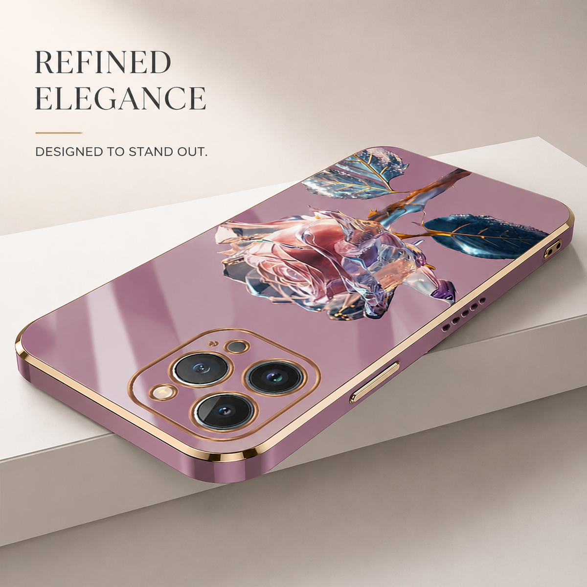 A pink gold-edged rose case lies diagonally on a white block, reflecting broad bands of light beneath Refined Elegance.