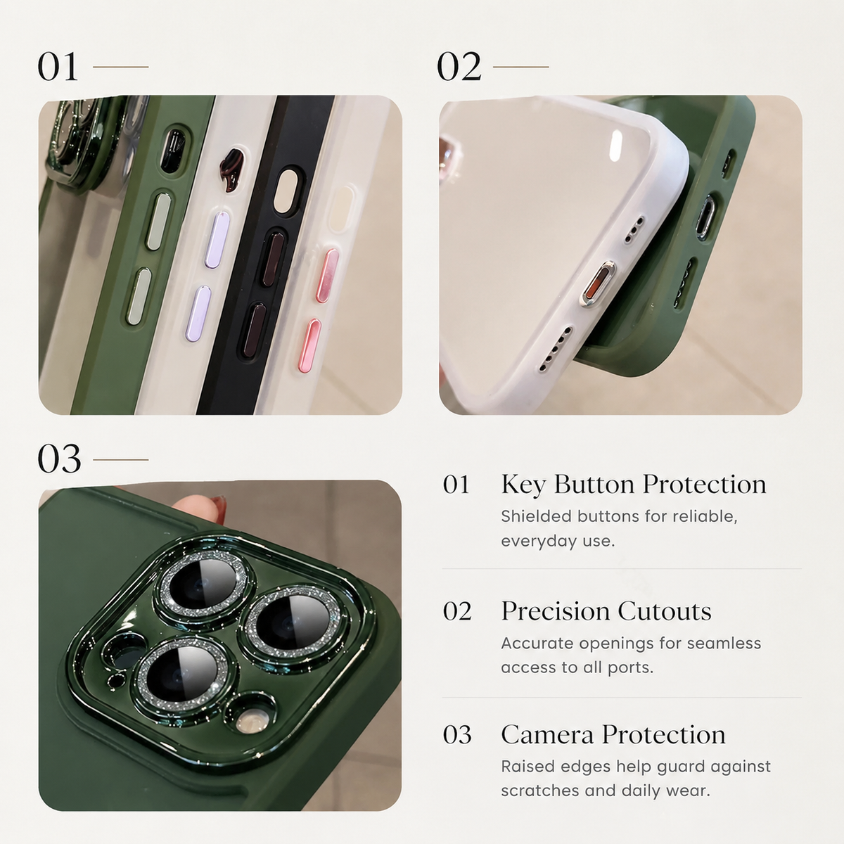 Three detail panels show case side buttons, bottom port cutouts and a green camera surround with decorative lens rings.