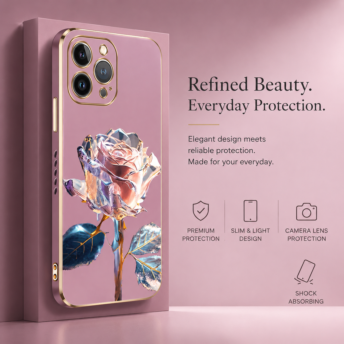 A pink rose-decorated case stands upright on a pink platform, with gold-colored edges and camera border.