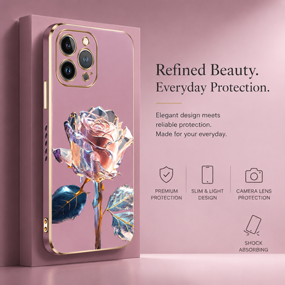 A pink rose-decorated case stands upright on a pink platform, with gold-colored edges and camera border.