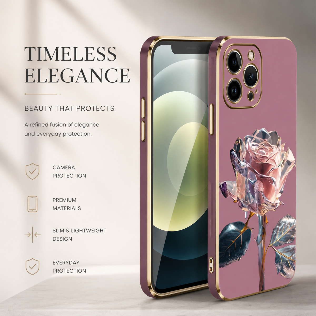 Front and rear views of a pink gold-edged case stand on a pale surface, showing its faceted rose decoration beneath Timeless Elegance.