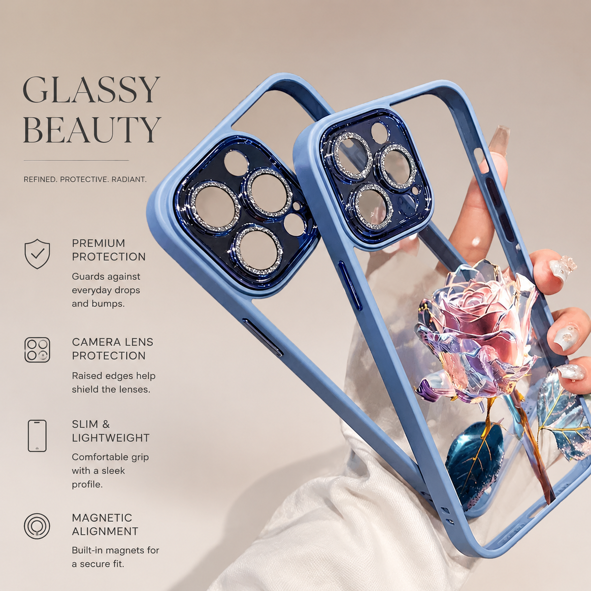 A hand displays a blue-edged transparent rose case beside a separate matching camera-frame piece with circular lens openings.