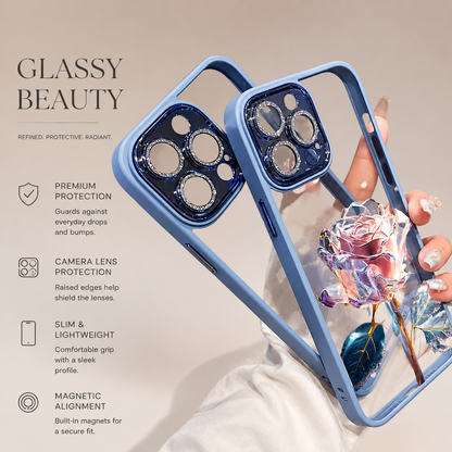 A hand displays a blue-edged transparent rose case beside a separate matching camera-frame piece with circular lens openings.