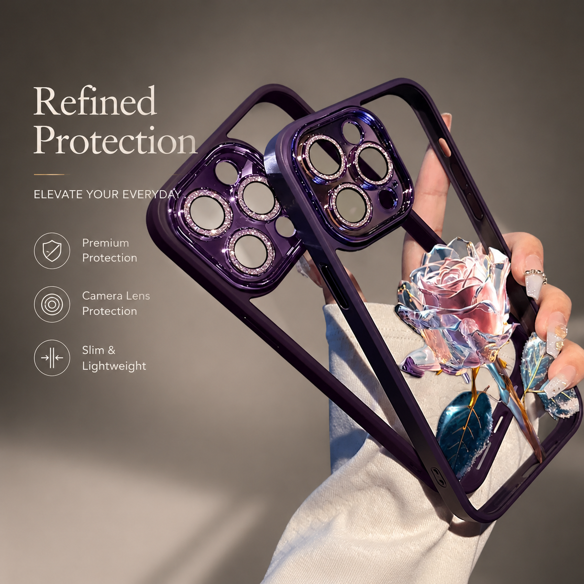 A hand displays a purple-edged transparent case with a pale rose beside a separate purple camera-frame piece.