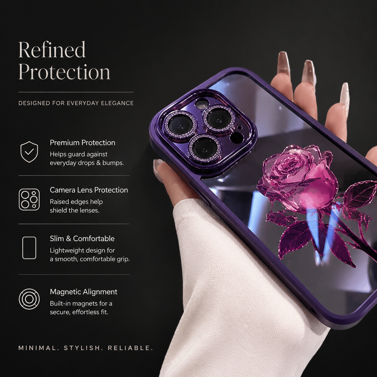 A hand holds a glossy purple case decorated with a magenta rose against a dark background. Callouts describe protection, lens edges and magnetic alignment.