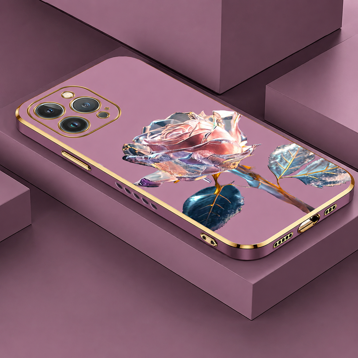 A pink gold-edged case lies rear-up on a pink platform, decorated with a faceted pale pink rose and reflective blue-green leaves.