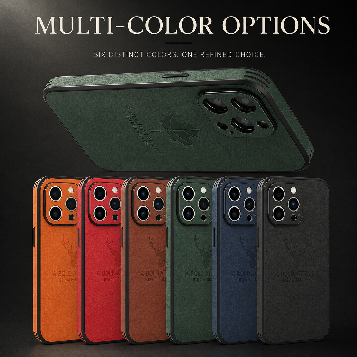A green case floats horizontally above a row of six differently colored deer-emblem cases against dark gray.