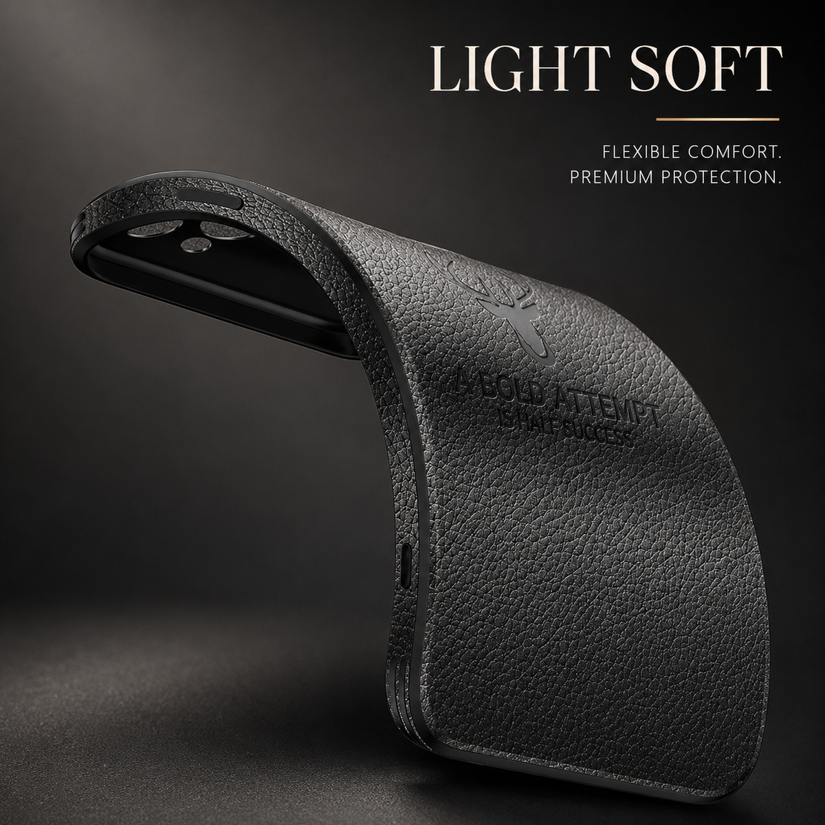 A black textured case is bent into a pronounced curve, showing its flexible-looking shell. The heading reads Light Soft.