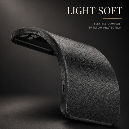 A black textured case is bent into a pronounced curve, showing its flexible-looking shell. The heading reads Light Soft.