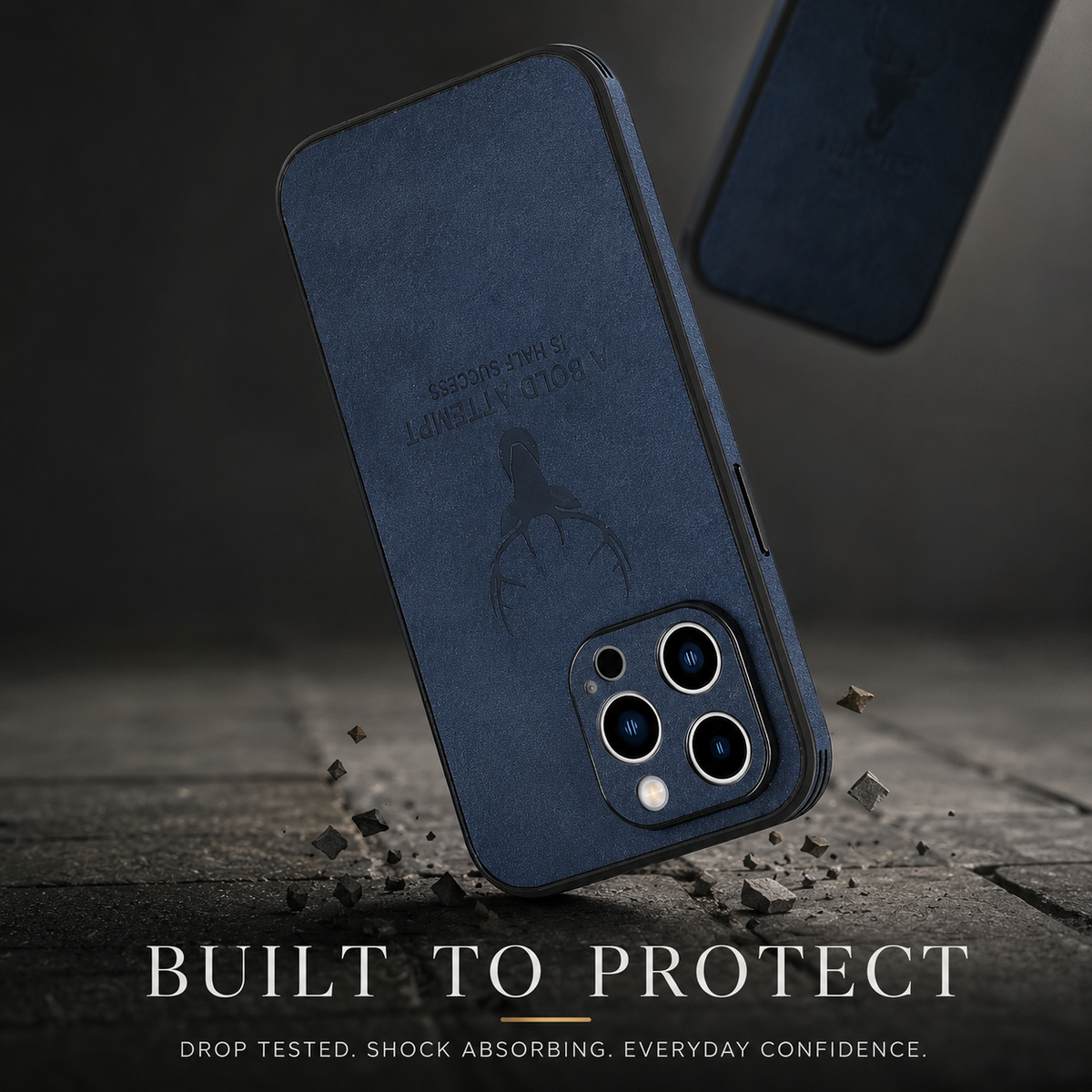 A navy textured case is illustrated striking a rough gray surface at its camera end beneath Built to Protect.