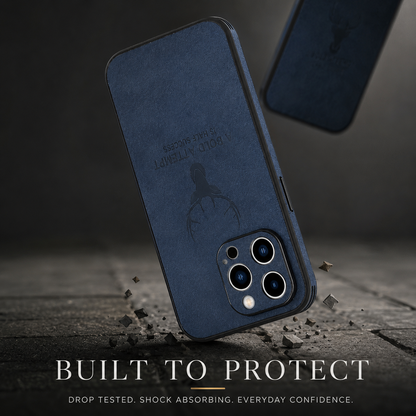 A navy textured case is illustrated striking a rough gray surface at its camera end beneath Built to Protect.
