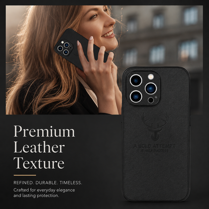 A smiling woman holds a dark case to her ear beside an enlarged rear view of a black deer-emblem case. Text describes premium leather texture.