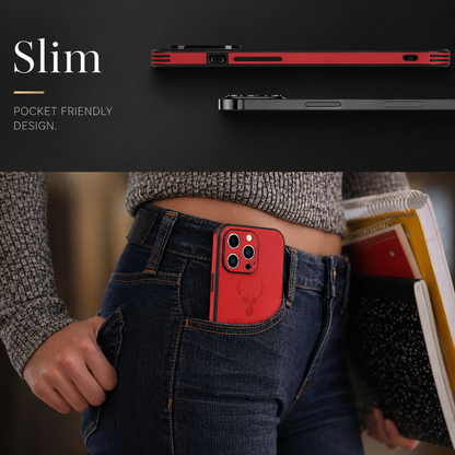 Thin side views of red and black cases appear above a person carrying a red deer-emblem case in a jeans pocket.