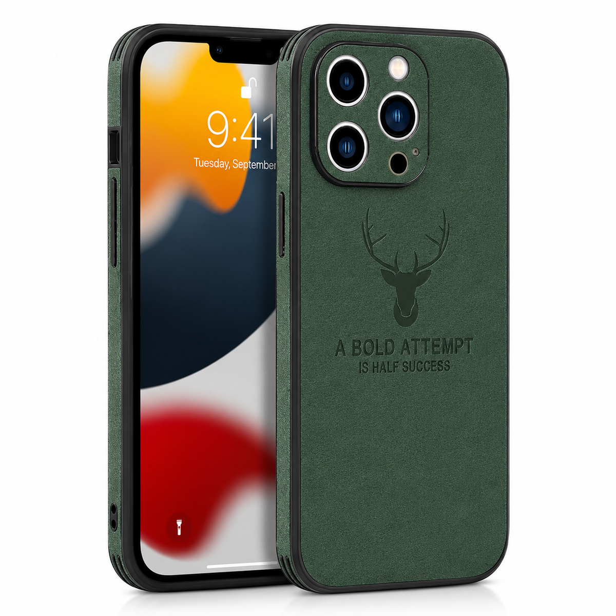 Front and rear views of a dark green textured case stand on white, with a deer-head emblem and embossed text on its back.