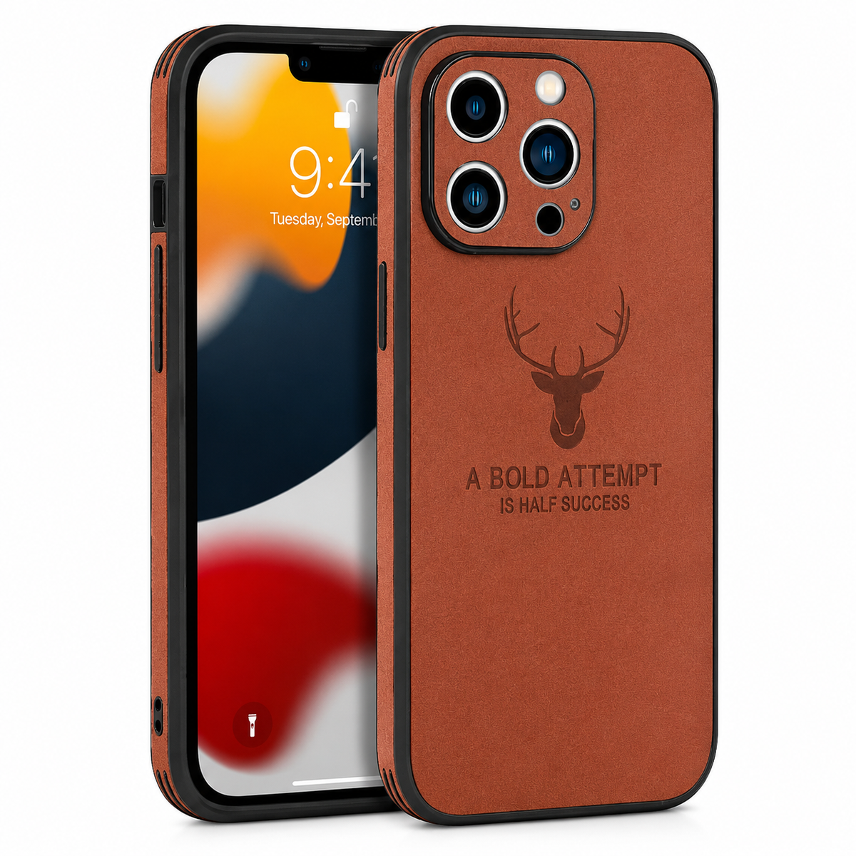 Front and rear views of a reddish-brown textured case stand on white, showing a deer-head emblem below the camera opening.