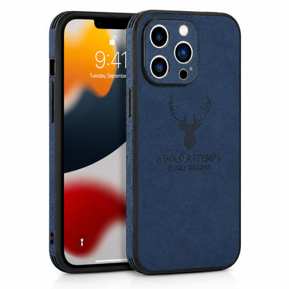 Front and rear views of a navy blue textured case stand on white, with a deer-head emblem and embossed text.
