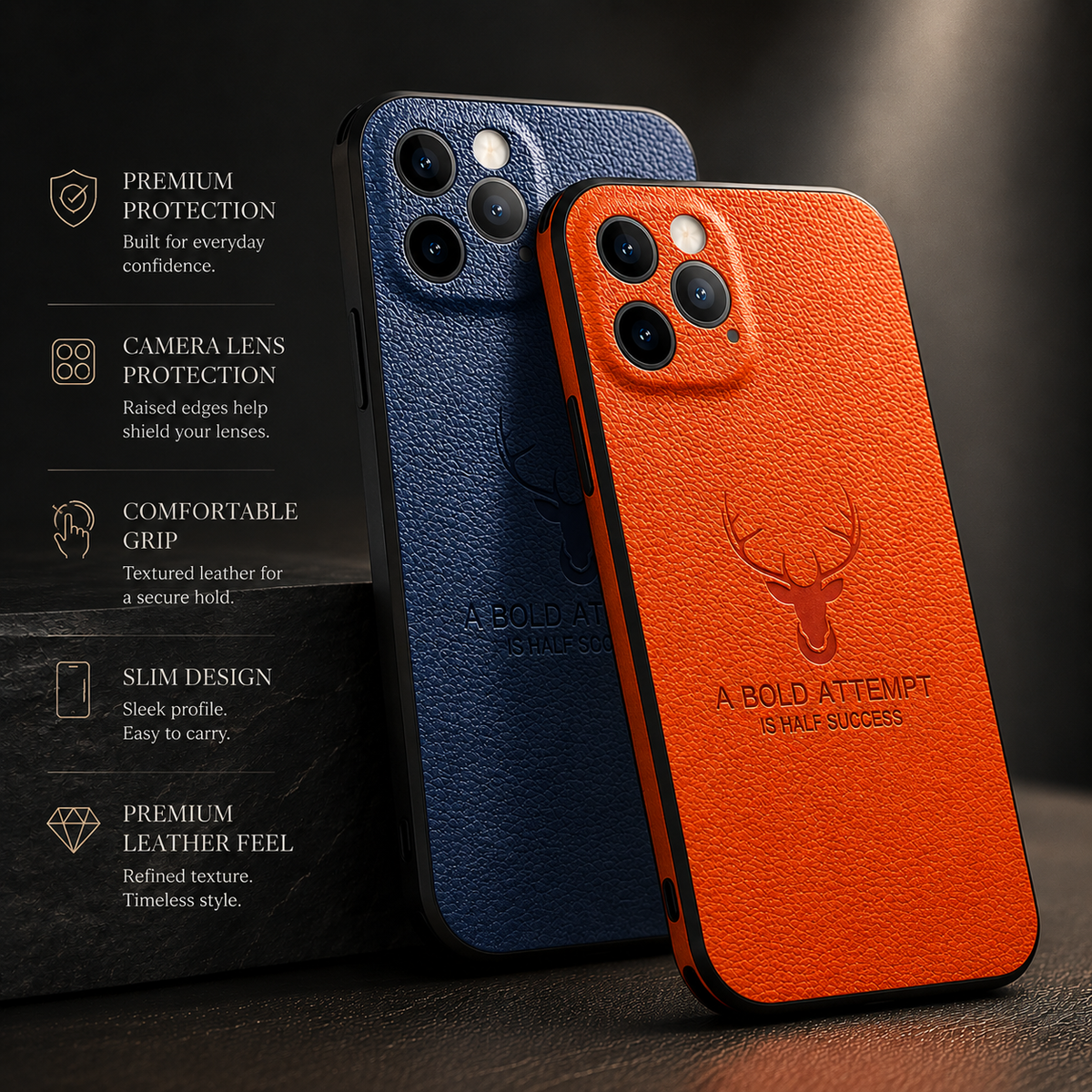 Navy and orange textured cases stand against dark gray. Icons describe protection, camera edges, grip, slim design and a leather-like feel.