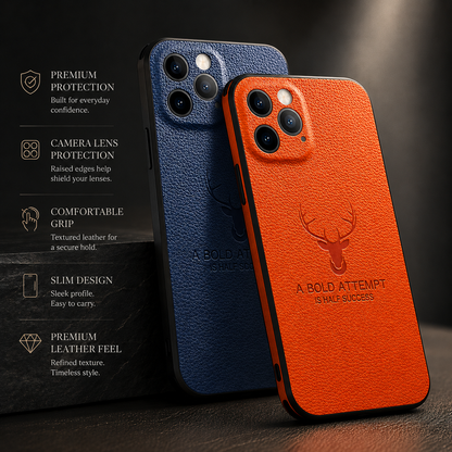 Navy and orange textured cases stand against dark gray. Icons describe protection, camera edges, grip, slim design and a leather-like feel.