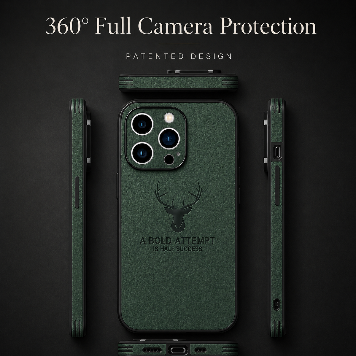 A green case is shown rear-facing with separate top, bottom and side views arranged around it. The heading reads 360 Full Camera Protection.
