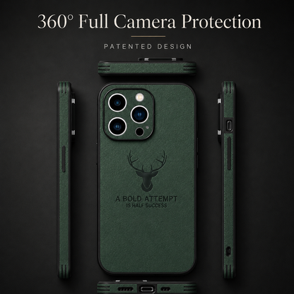 A green case is shown rear-facing with separate top, bottom and side views arranged around it. The heading reads 360 Full Camera Protection.