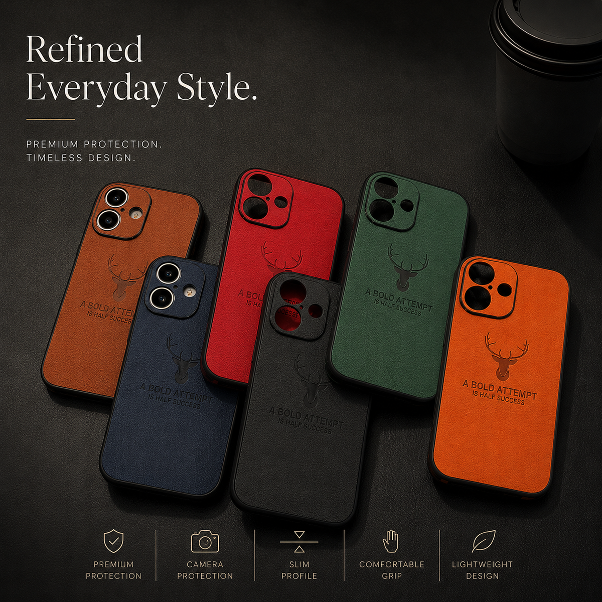 Brown, red, green, navy, black and orange cases are arranged across a dark table, each showing a deer-head emblem and embossed text.