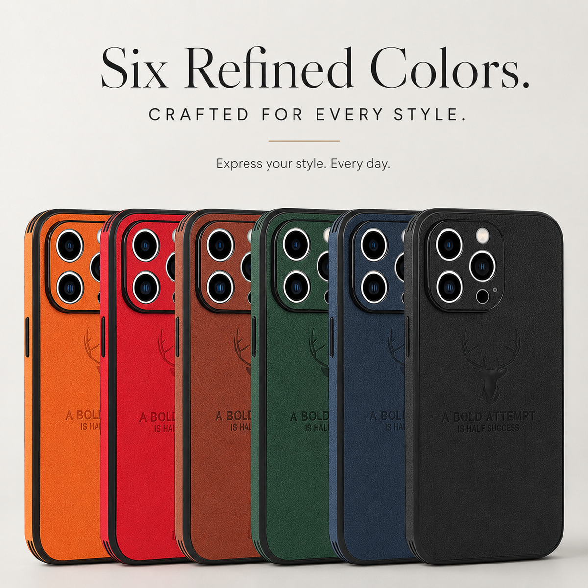 Orange, red, brown, green, navy and black cases stand in a row on a pale background under Six Refined Colors.
