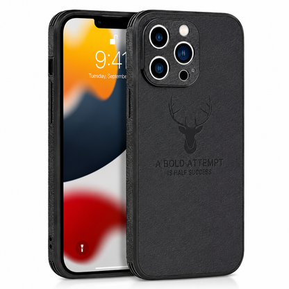 Front and rear views of a black textured case stand on white. A deer-head emblem and the words A Bold Attempt Is Half Success are embossed on the back.