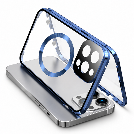 A transparent phone-case back with blue metallic-looking edges and a circular ring tilts above a silver phone. A separate front frame stands behind it, showing the case's two-piece construction.