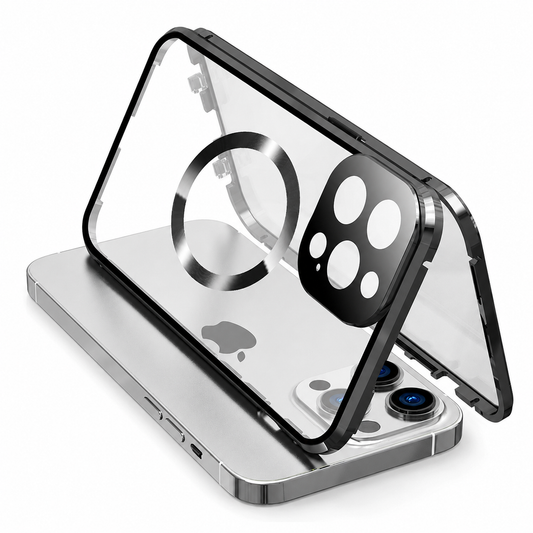 A transparent phone-case back with black metallic-looking edges and a circular ring tilts above a silver phone. A separate front frame stands behind it, showing the case's two-piece construction.