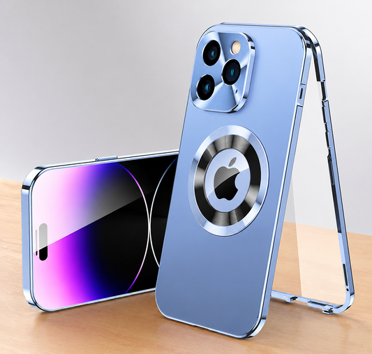 Light blue full-body magnetic case shown from back and purple screen on wood, with the glossy front frame separated behind. Reflective rings decorate the back and camera plate.
