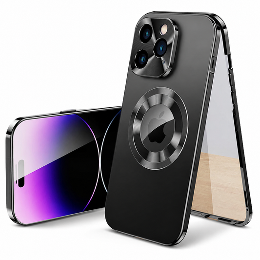 Black full-body phone case shown from back and purple screen, with a separated glossy perimeter frame behind it. A reflective circular magnetic mark surrounds the Apple logo and a fitted plate frames the cameras.