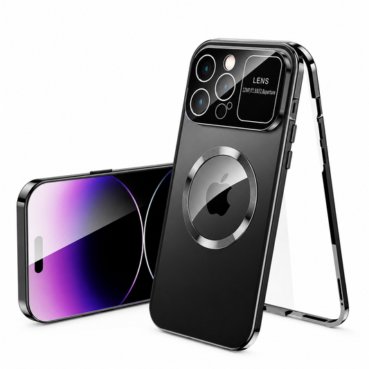 A black phone case is shown rear-facing beside a horizontal front view and an open outer frame. A metallic magnetic circle surrounds the visible Apple logo beneath a broad black camera panel.