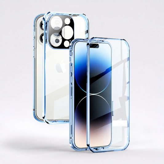 Front and rear views of a clear phone case with a pale blue metal-looking frame stand against a pale background. Transparent panels reveal the phone back and screen, crossed by broad diagonal reflections. Circular camera openings sit in a raised dark surround, and the frame has visible side controls and bottom cutouts.