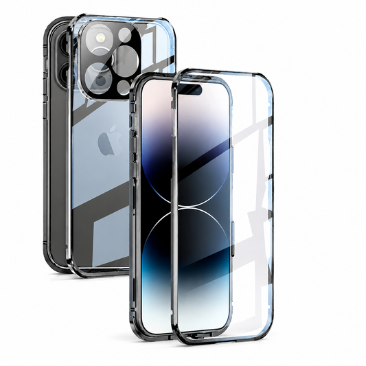 Front and rear views of a clear phone case with a silver and black metal-looking frame stand against a pale background. Transparent panels reveal the phone back and screen, crossed by broad diagonal reflections. Circular camera openings sit in a raised dark surround, and the frame has visible side controls and bottom cutouts.