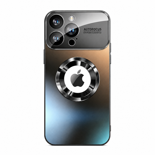 A reflective graphite phone case stands upright against white. Its back shifts from warm gold to blue, with a large segmented metallic-looking ring around the Apple logo and 'AUTOFOCUS' on the camera panel.