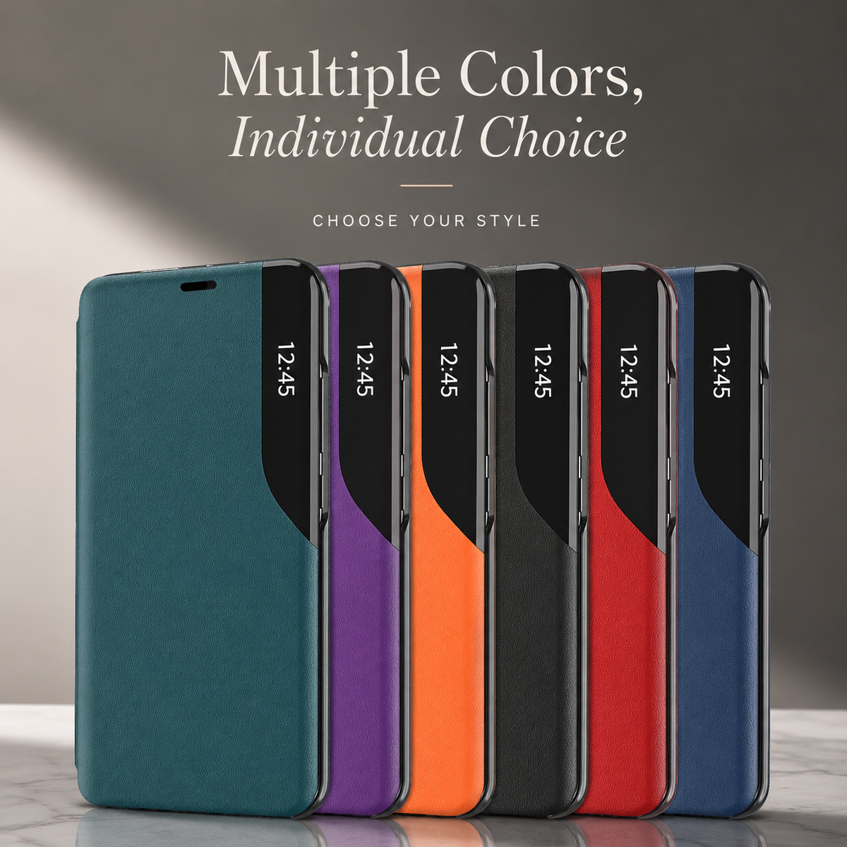 Six flip phone cases stand in a row in teal, purple, orange, black, red and blue, with narrow glossy strips showing the time.