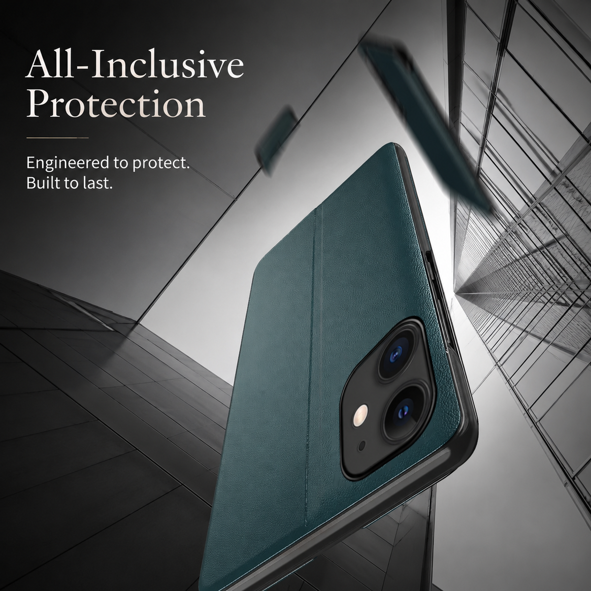 Teal flip case illustrated falling among tall architectural structures. Text advertises surrounding protection.