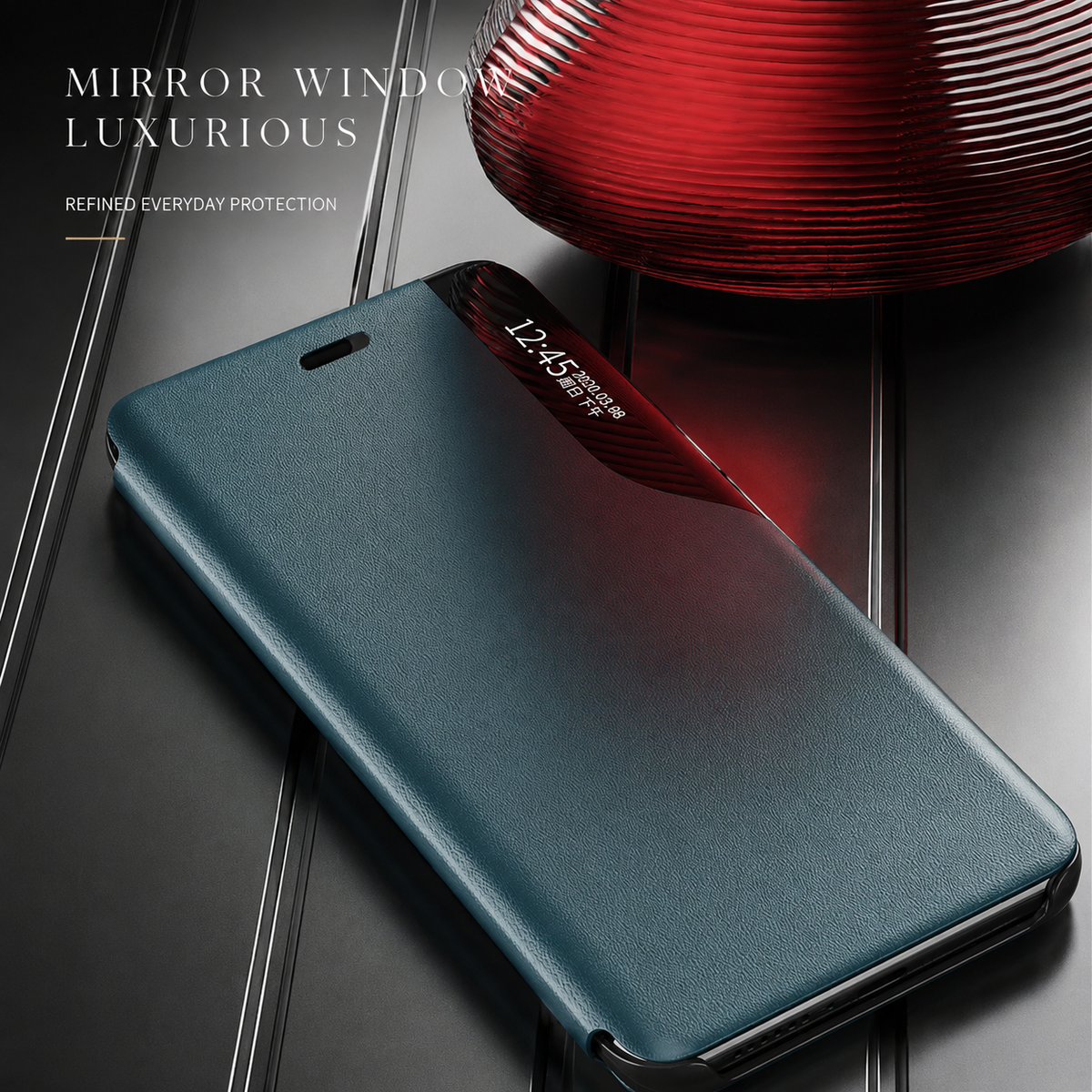 Closed teal flip phone case on a reflective dark surface beside a red ribbed vase, with time visible in its glossy side strip.