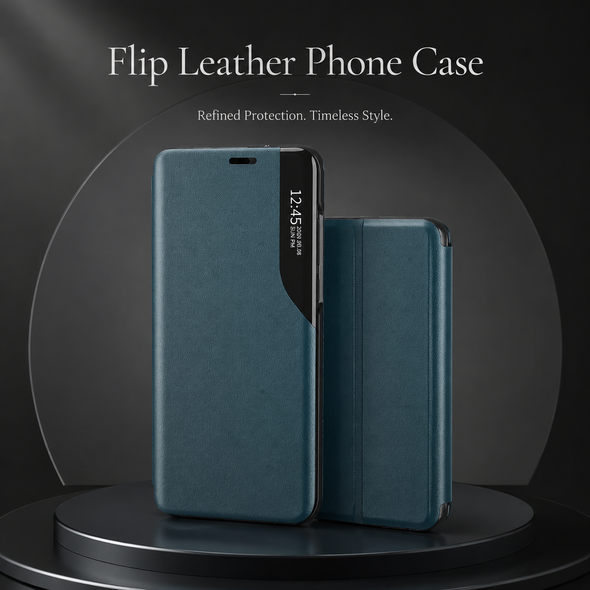 Front and rear views of a teal flip phone case displayed on a circular dark pedestal, showing the viewing strip and rear fold line.