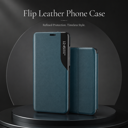 Front and rear views of a teal flip phone case displayed on a circular dark pedestal, showing the viewing strip and rear fold line.