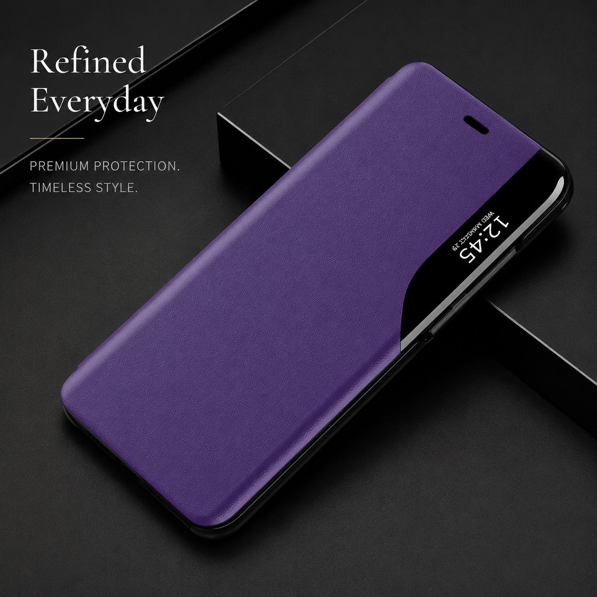 Purple flip case lying diagonally on dark geometric blocks, with time visible through its curved glossy black strip.