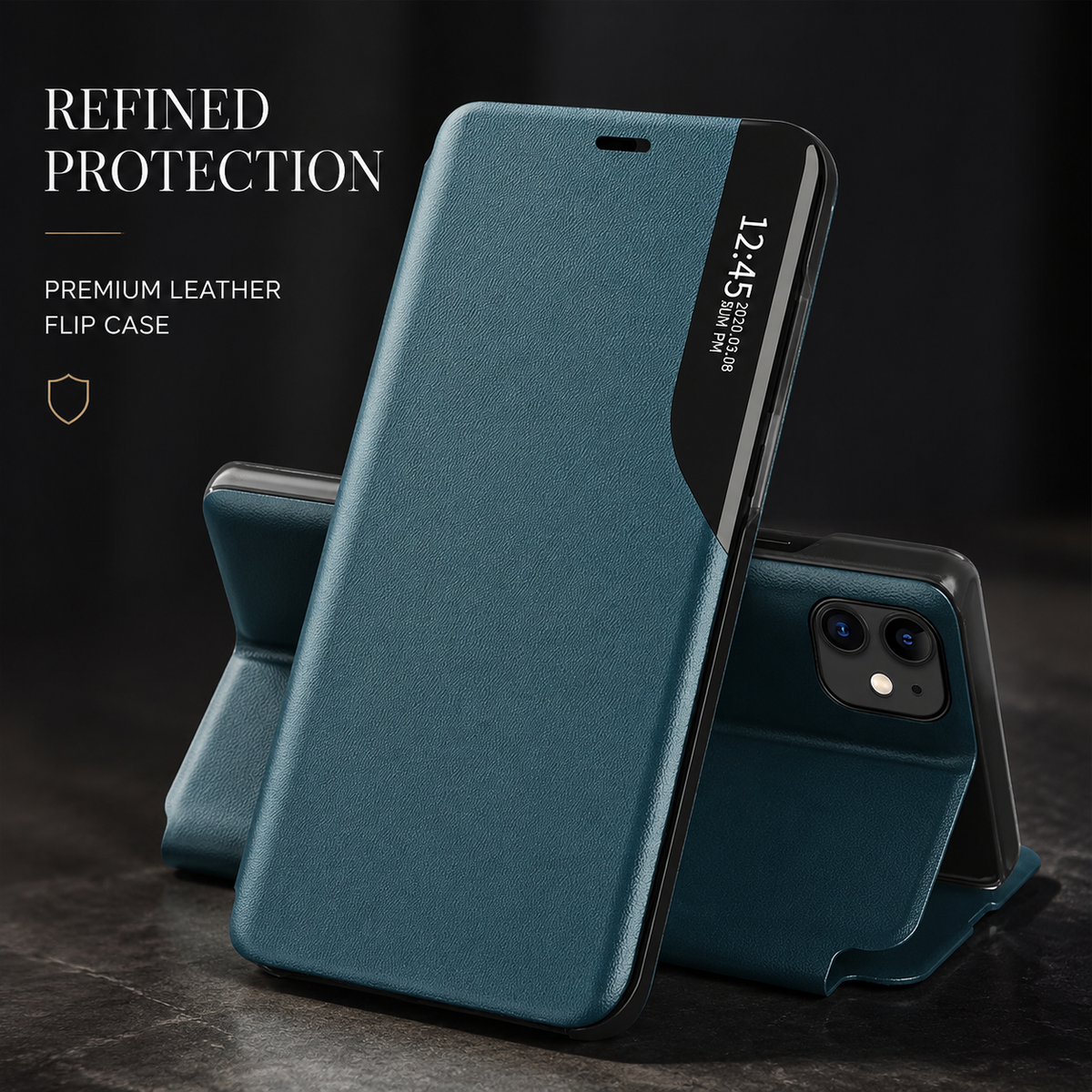 A teal flip phone case is shown closed upright and folded into a horizontal stand on a pale surface. The closed cover has an earpiece slit and a curved black strip displaying the time; the stand view exposes the square opening around the rear cameras.