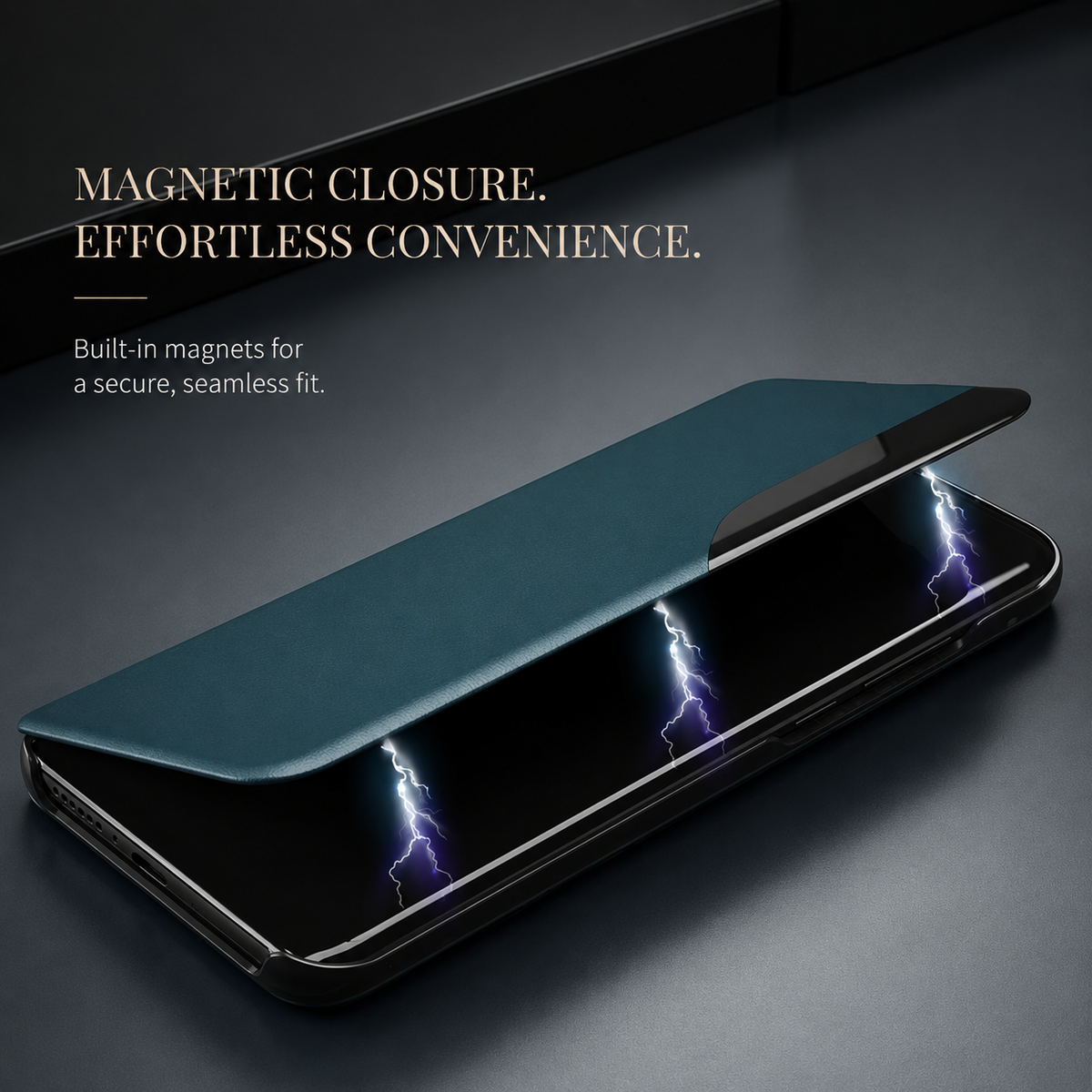 Teal flip cover partly raised above a phone, with lightning graphics illustrating magnetic closure. Text advertises built-in magnets.
