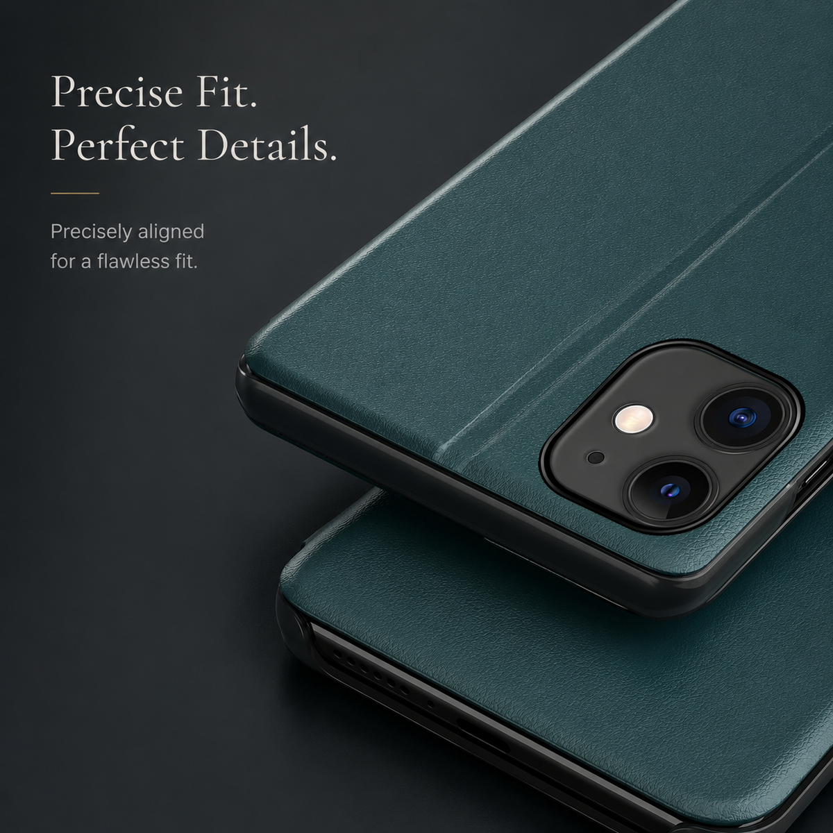 Two overlapping views show a teal flip phone case against a pale background. One reveals the rear square camera opening and fold line; the other shows the closed front with a small earpiece slit and a narrow glossy black viewing strip along the right edge.