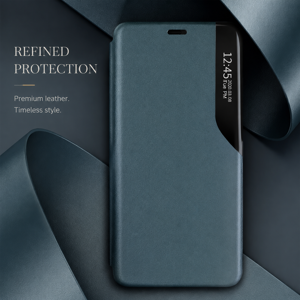 Teal flip case standing upright on flowing teal fabric, with the time visible through its glossy black side strip.