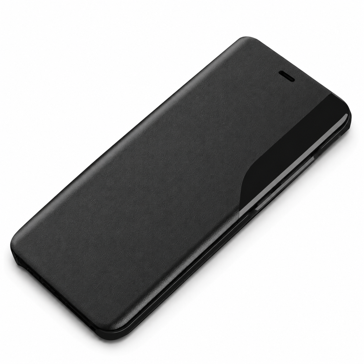 Closed black flip phone case lying diagonally against white, with a small earpiece slit and a curved glossy viewing strip along the right edge.