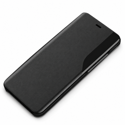 Closed black flip phone case lying diagonally against white, with a small earpiece slit and a curved glossy viewing strip along the right edge.