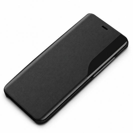 Closed black flip phone case lying diagonally against white, with a small earpiece slit and a curved glossy viewing strip along the right edge.