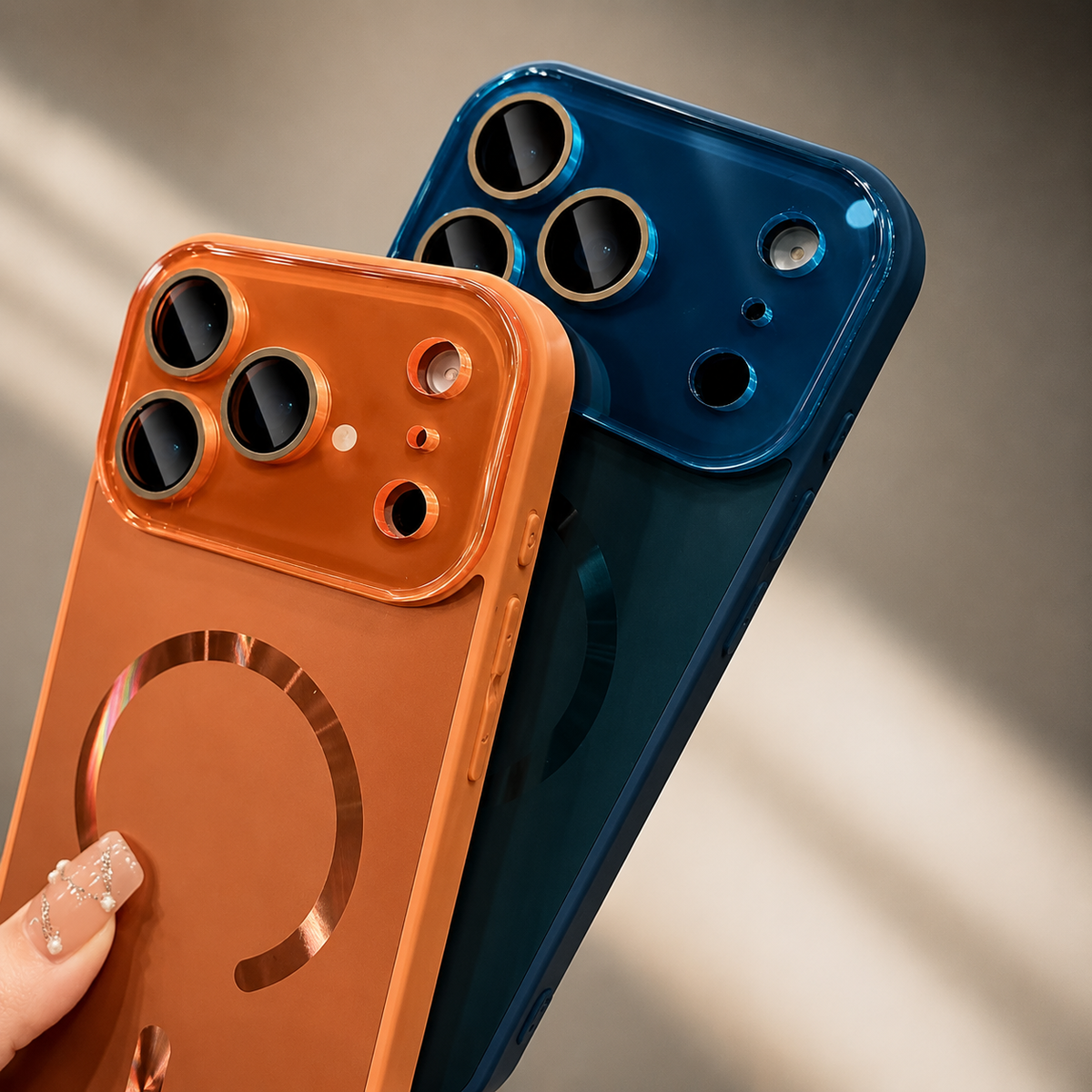 Hand holds orange and blue cases upright together, showing reflective magnetic rings and broad matching glossy camera panels with gold-colored lens surrounds.